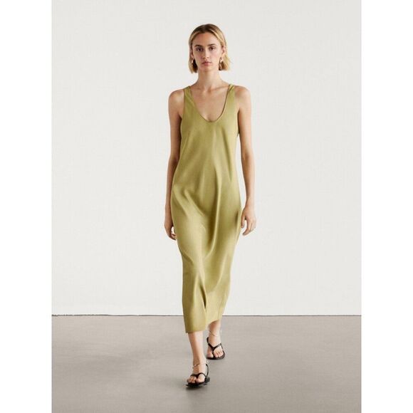 Massimo Dutti Womens Midi Tank Dress Linen S Green Wide Strap Flowy 6616/626 NWT - Picture 1 of 9